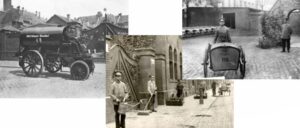 Eine Collage historischer Bilder von Straßenreinigern und Kehrichtkarren